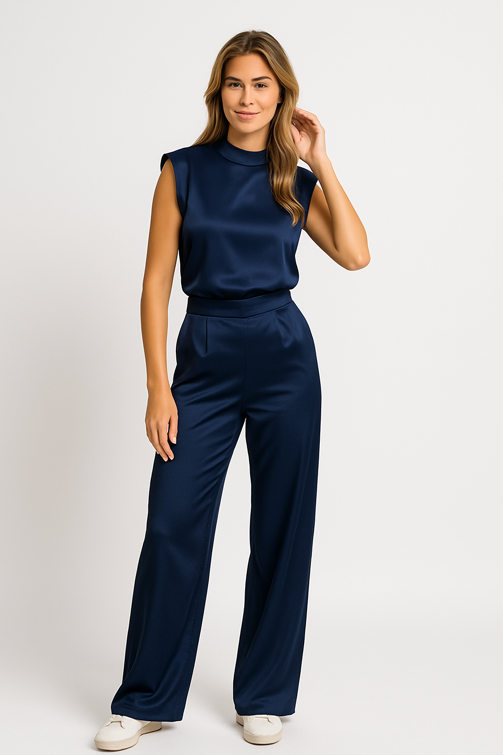 Catharina | Jumpsuit Beige Ærmeløs Vide Ben Højtaljeret til Kvinder