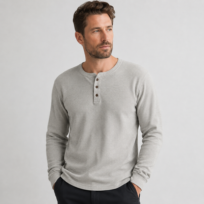 Rasmus | Langærmet Henley T-Shirt Lysegrå Ribstrikket Bomuld til Mænd