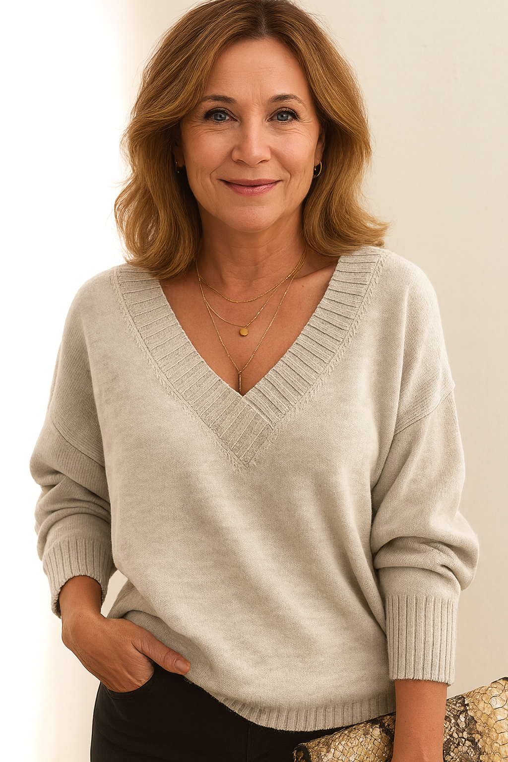 Mirande | Sweater Rosa Strik V-hals Langærmet til Kvinder
