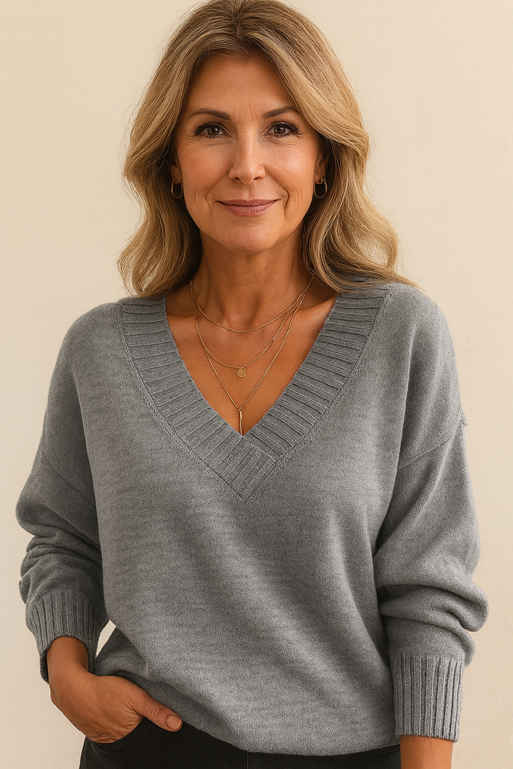 Mirande | Sweater Rosa Strik V-hals Langærmet til Kvinder