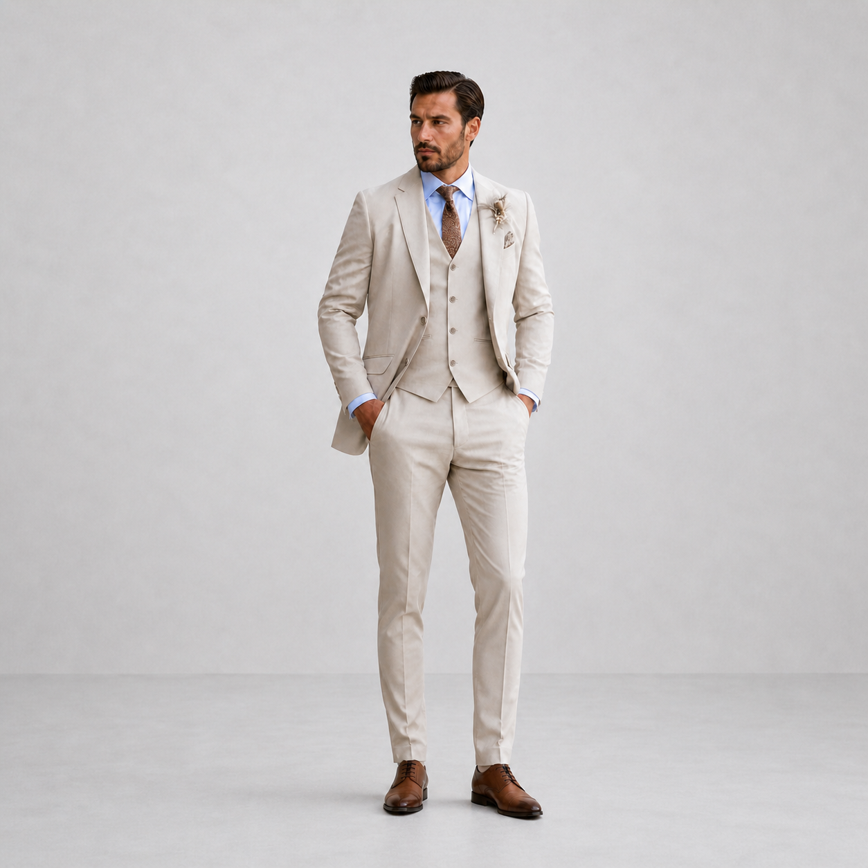 Roar | Tre-Delt Herredragt Sandbeige Hør Slim Fit med Vest til Mænd