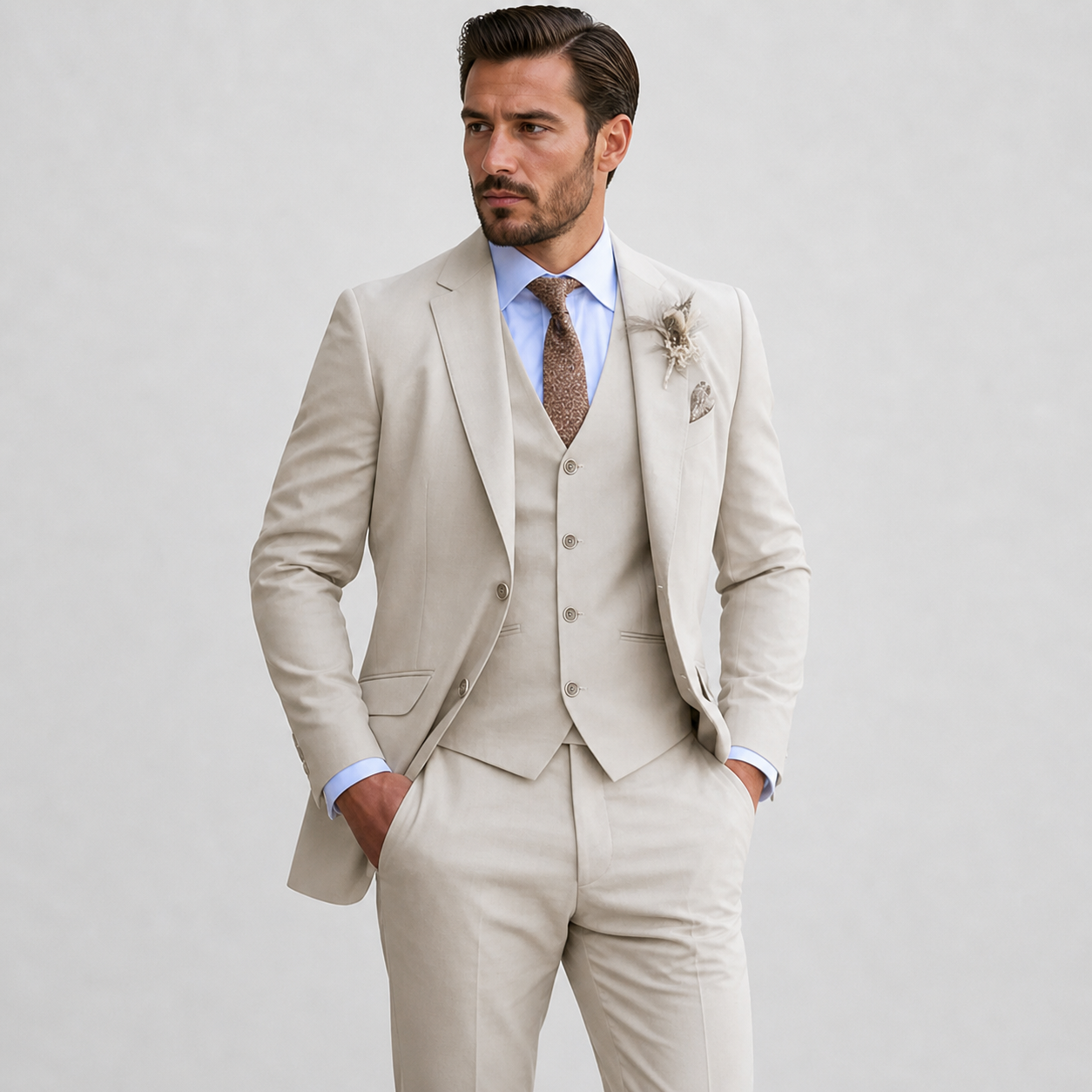 Roar | Tre-Delt Herredragt Sandbeige Hør Slim Fit med Vest til Mænd