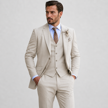 Roar | Tre-Delt Herredragt Sandbeige Hør Slim Fit med Vest til Mænd