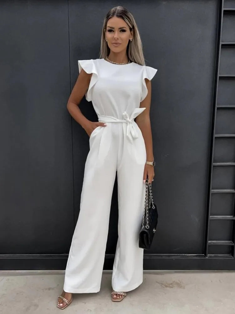Ramona | Jumpsuit Beige Flæseærmer Bindebælte Vide Ben til Kvinder
