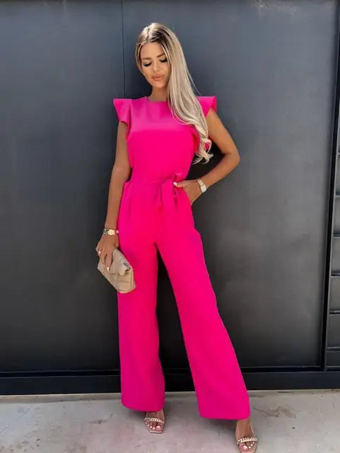 Ramona | Jumpsuit Beige Flæseærmer Bindebælte Vide Ben til Kvinder
