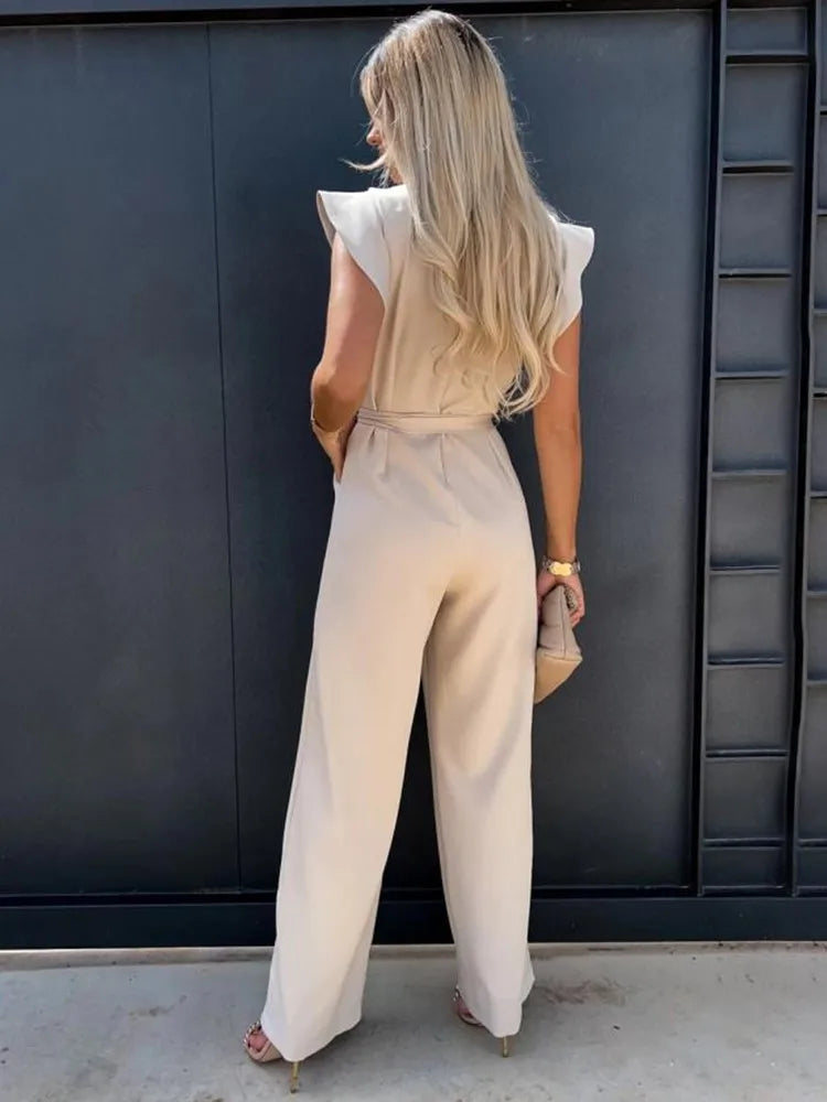Ramona | Jumpsuit Beige Flæseærmer Bindebælte Vide Ben til Kvinder