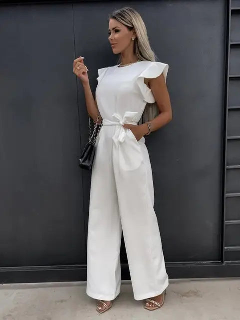 Ramona | Jumpsuit Beige Flæseærmer Bindebælte Vide Ben til Kvinder