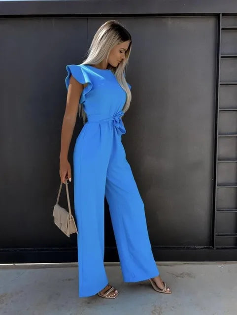 Ramona | Jumpsuit Beige Flæseærmer Bindebælte Vide Ben til Kvinder