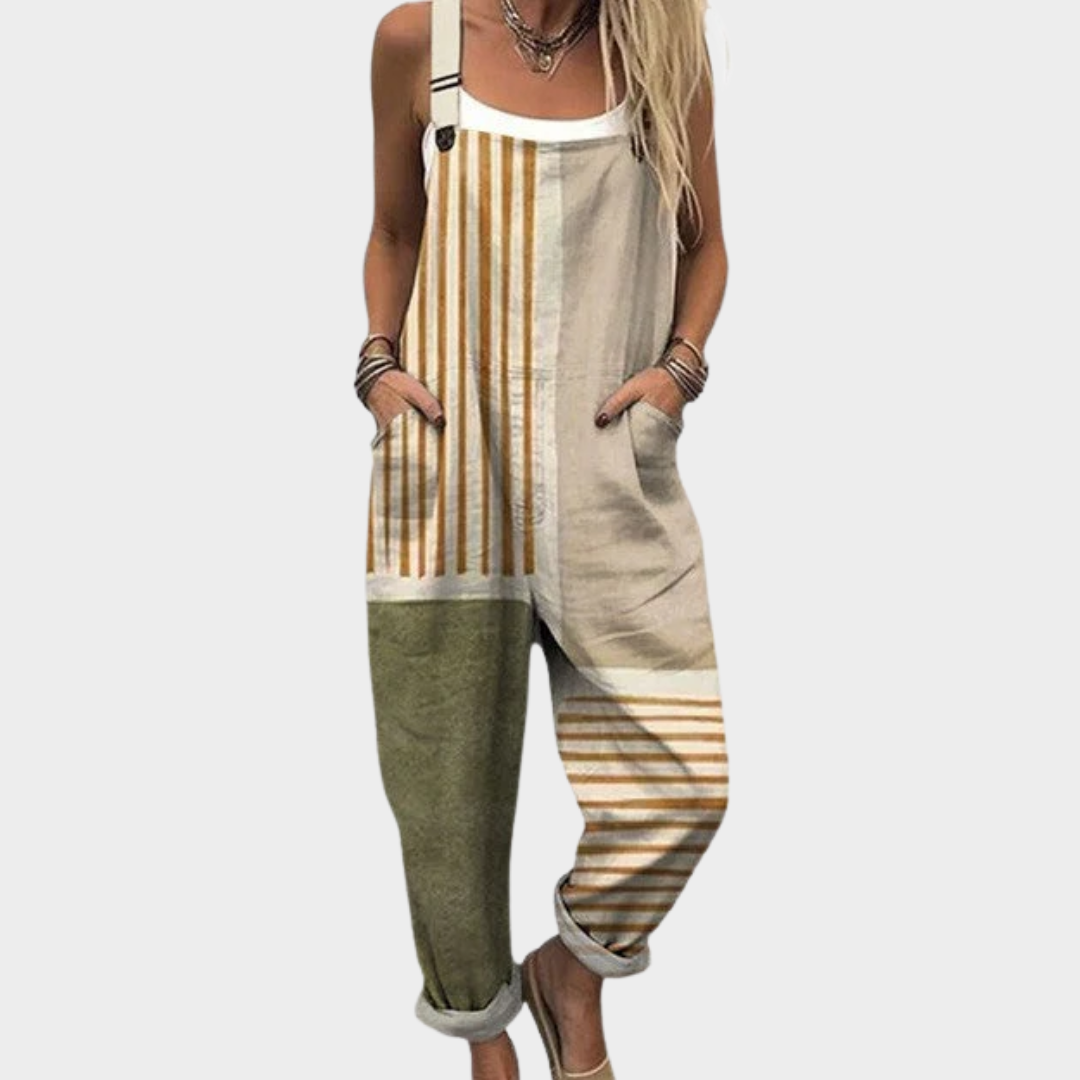Cosette | Overall Beige Gulstribet Lin-Look Smækbuks til Kvinder