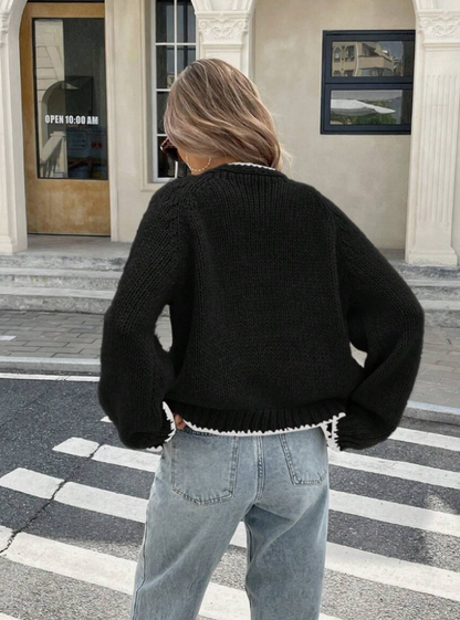 Birthe | Cropped Cardigan Sort Strik med Sløjfe og Kontrastkant til Kvinder