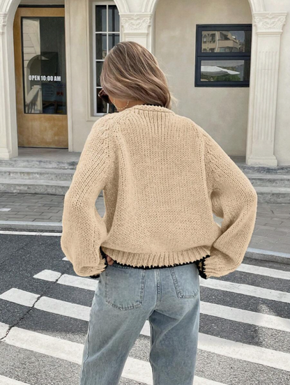 Birthe | Cropped Cardigan Sort Strik med Sløjfe og Kontrastkant til Kvinder