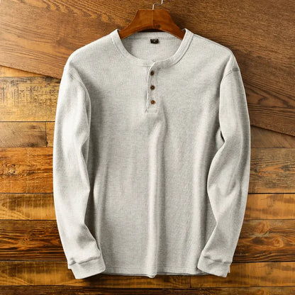 Rasmus | Langærmet Henley T-Shirt Lysegrå Ribstrikket Bomuld til Mænd