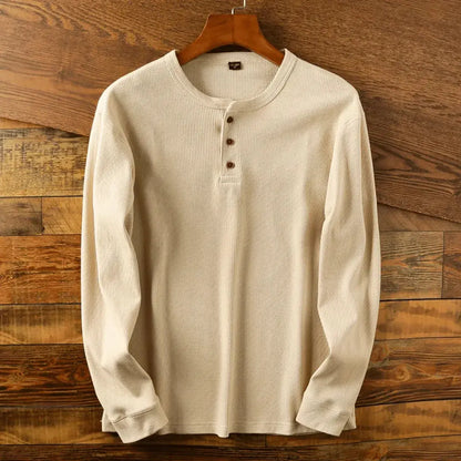 Rasmus | Langærmet Henley T-Shirt Lysegrå Ribstrikket Bomuld til Mænd