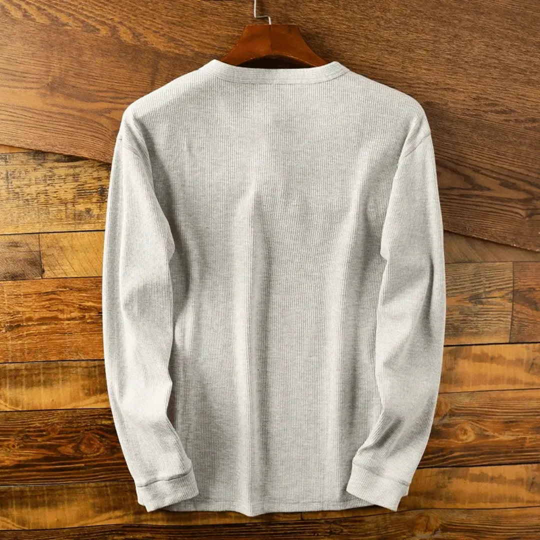 Rasmus | Langærmet Henley T-Shirt Lysegrå Ribstrikket Bomuld til Mænd