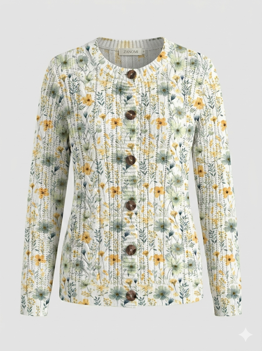 Viveca | Cardigan Hvid Blomstret Strik Knaplukning til Kvinder