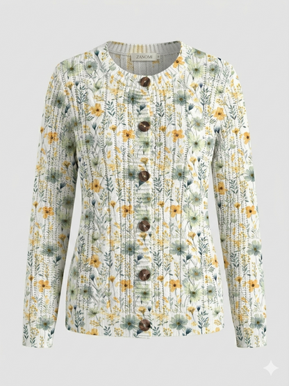 Viveca | Cardigan Hvid Blomstret Strik Knaplukning til Kvinder