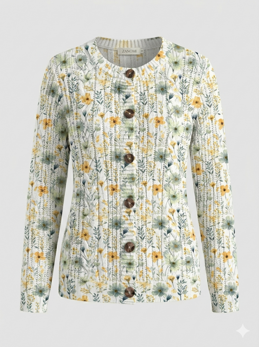 Viveca | Cardigan Hvid Blomstret Strik Knaplukning til Kvinder