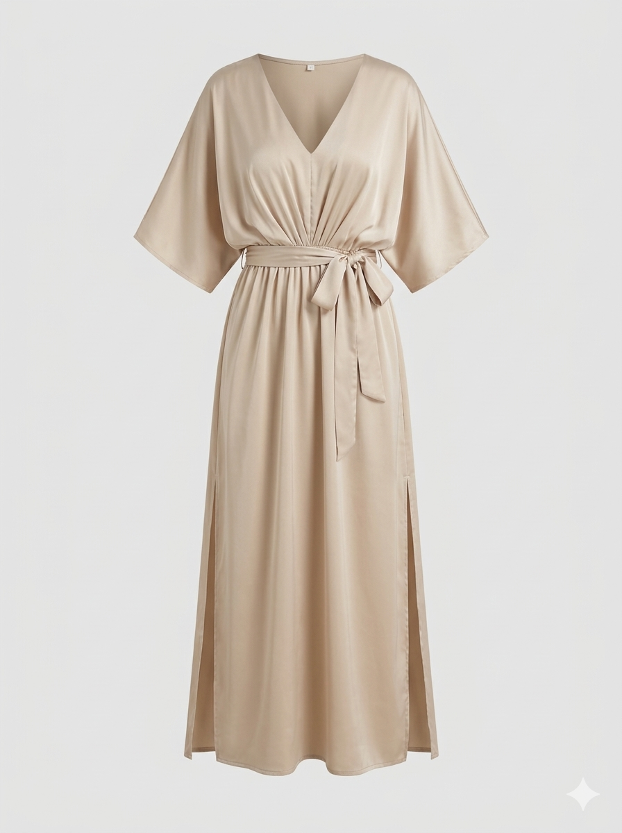 Léonie | Maxi Kjole Beige Satin V-hals Bindebælte til Kvinder
