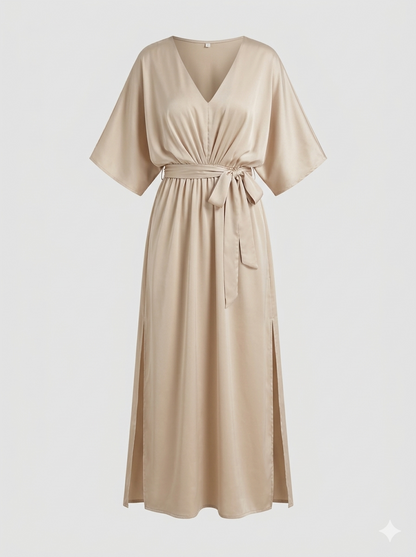 Vesna | Maxi Kjole Beige Satin V-Hals Bindebånd til Kvinder