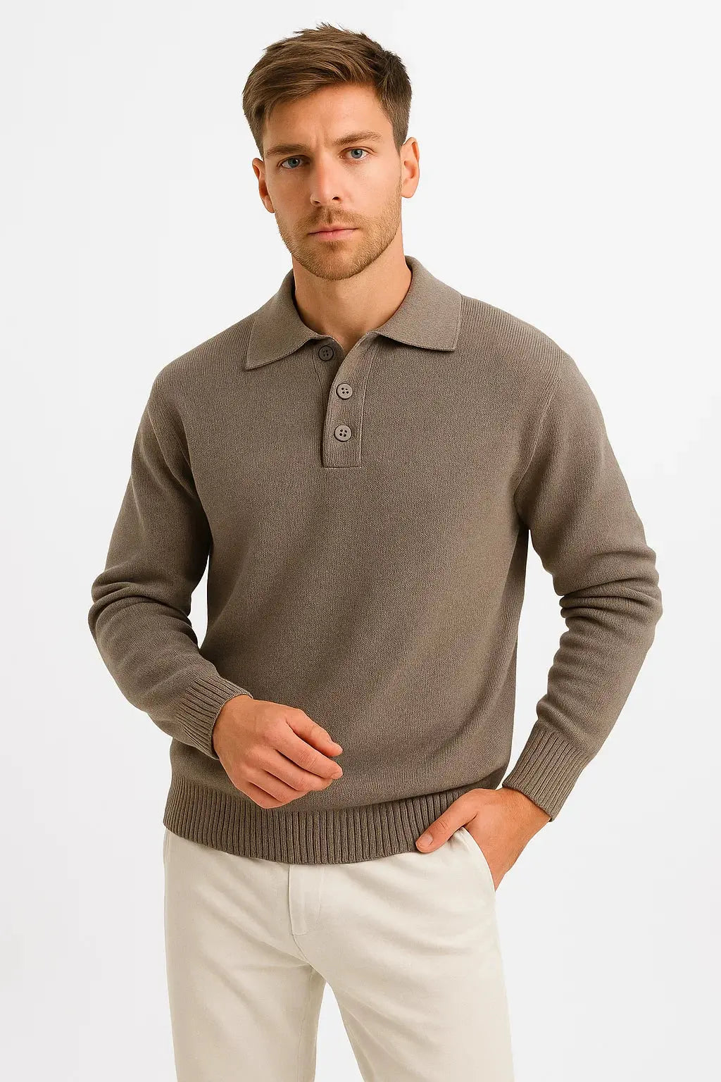Oscar | Strikket Polobluse Gråbrun Ribstrik Regular Fit til Mænd