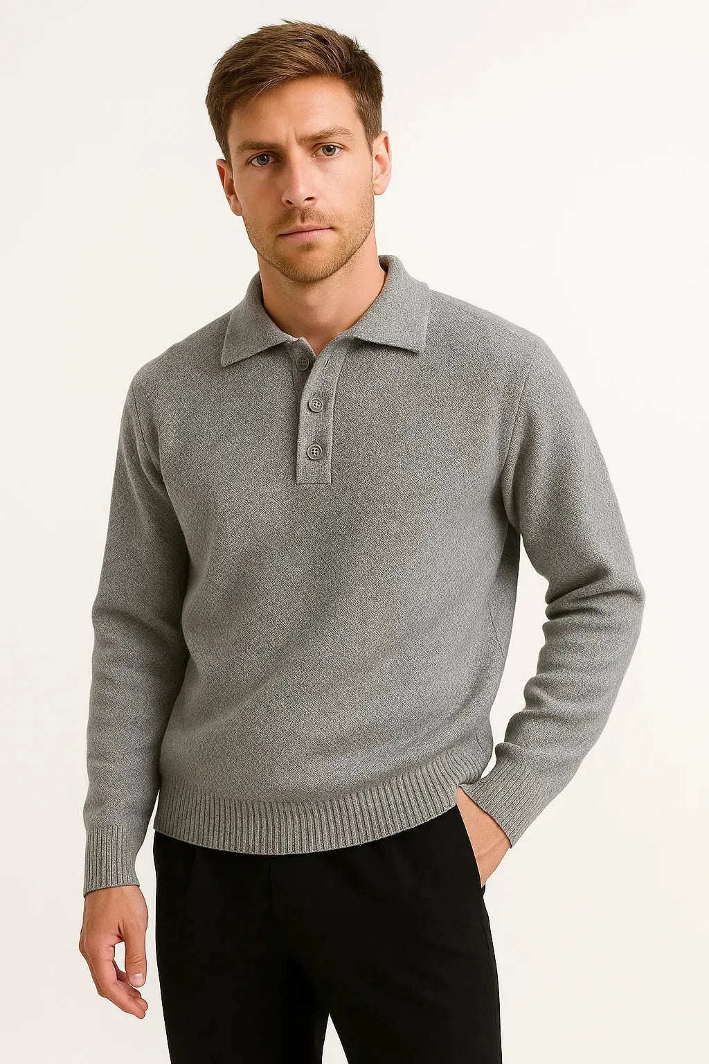 Oscar | Strikket Polobluse Gråbrun Ribstrik Regular Fit til Mænd