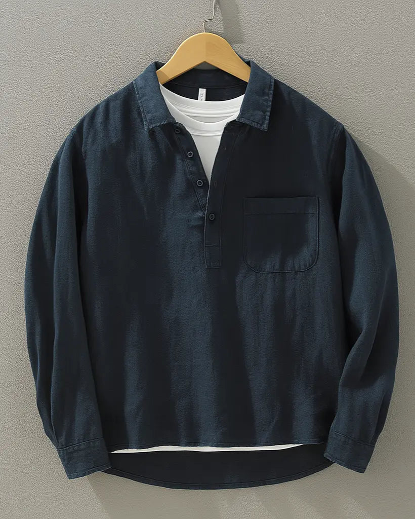 Elias | Popover Skjorte Marineblå Bomuld-Hør Oversized til Mænd