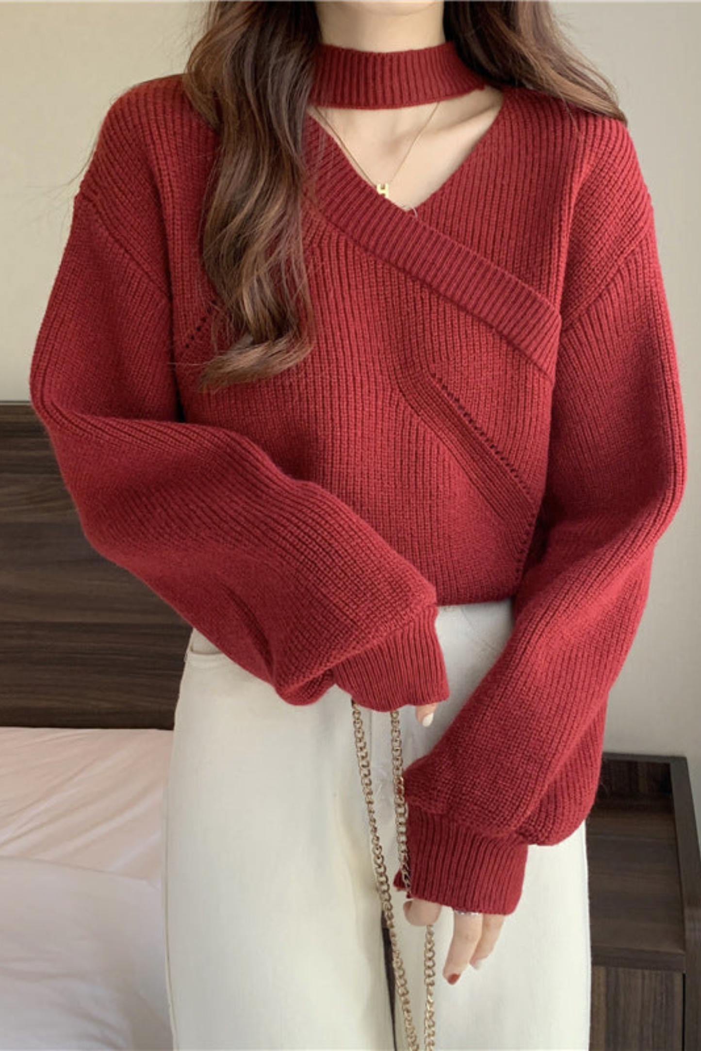 Kamma | Strikbluse Cognac Choker Wrap V-Hals til Kvinder