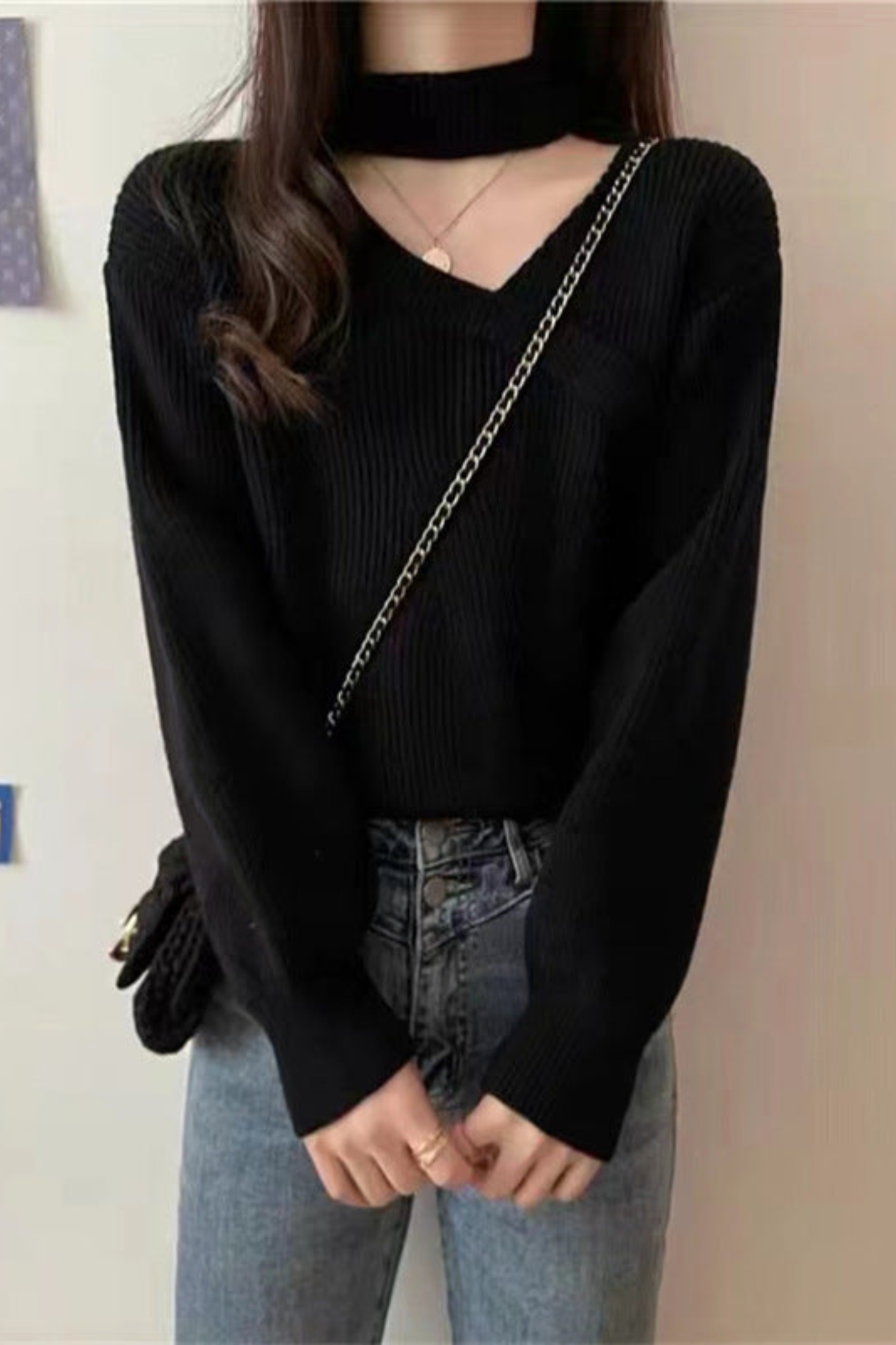 Kamma | Strikbluse Cognac Choker Wrap V-Hals til Kvinder