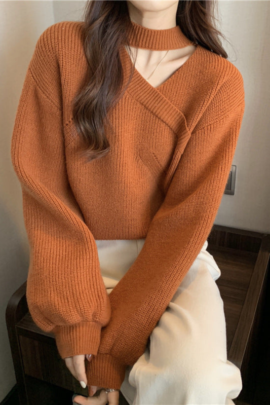 Kamma | Strikbluse Cognac Choker Wrap V-Hals til Kvinder