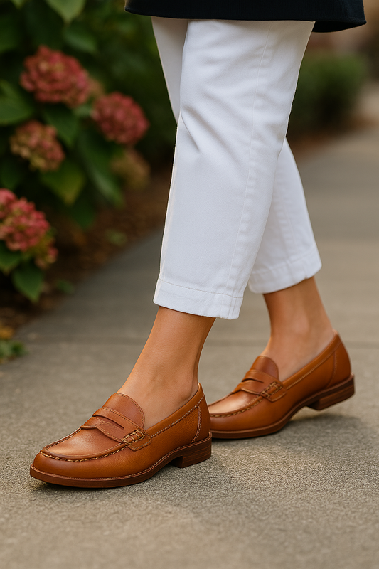 Pénélope | Loafers Cognac Læder Penny Strap Lav Hæl til Kvinder