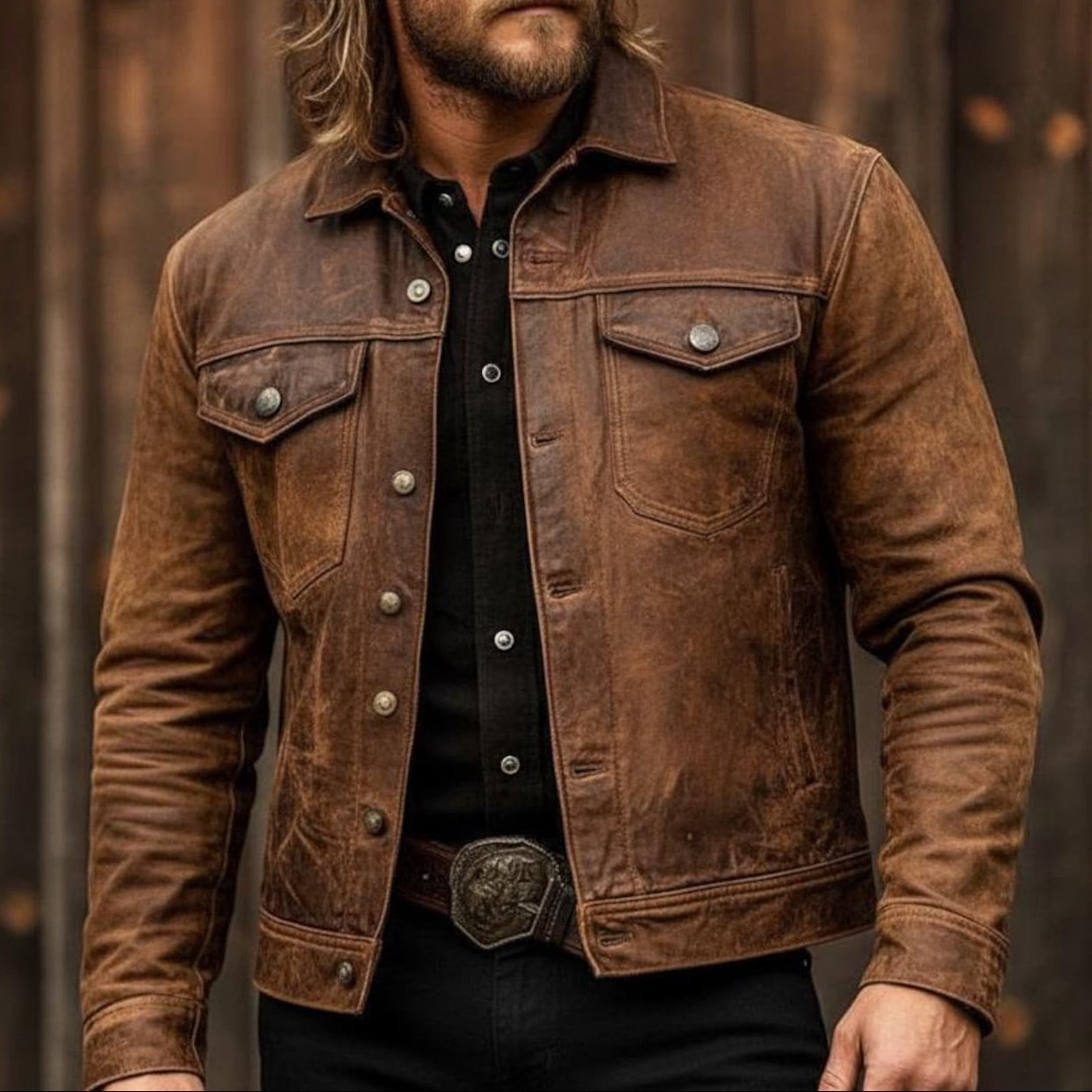 Frederik | Læderjakke Brun Vintage Trucker Regular Fit til Mænd