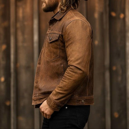 Frederik | Læderjakke Brun Vintage Trucker Regular Fit til Mænd