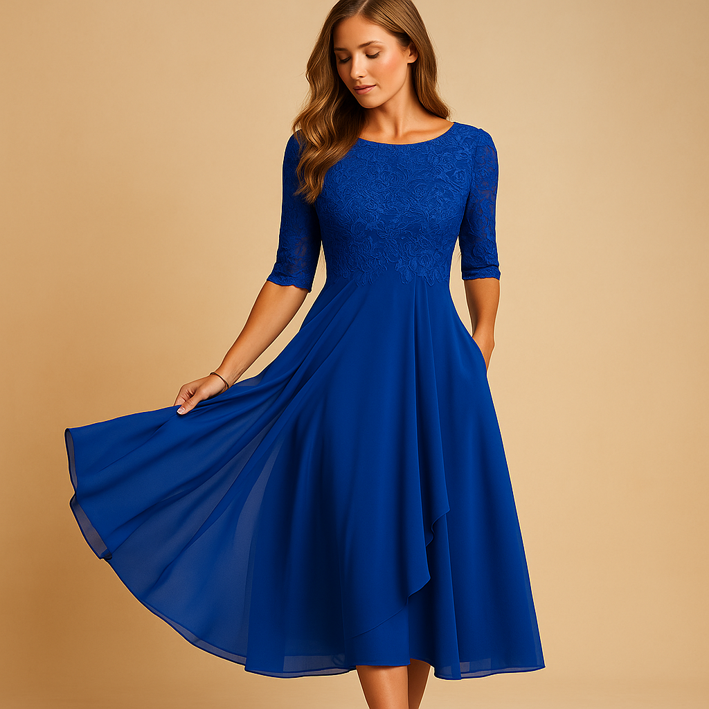 Isaline | Midi Festkjole Lilla Blonde Chiffon A-linje til Kvinder