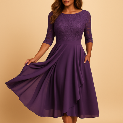 Isaline | Midi Festkjole Lilla Blonde Chiffon A-linje til Kvinder