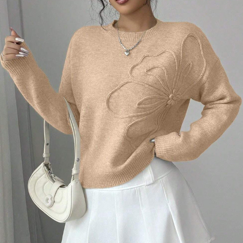 Noemie | Striktrøje Beige Blomsterrelief Rund Hals til Kvinder