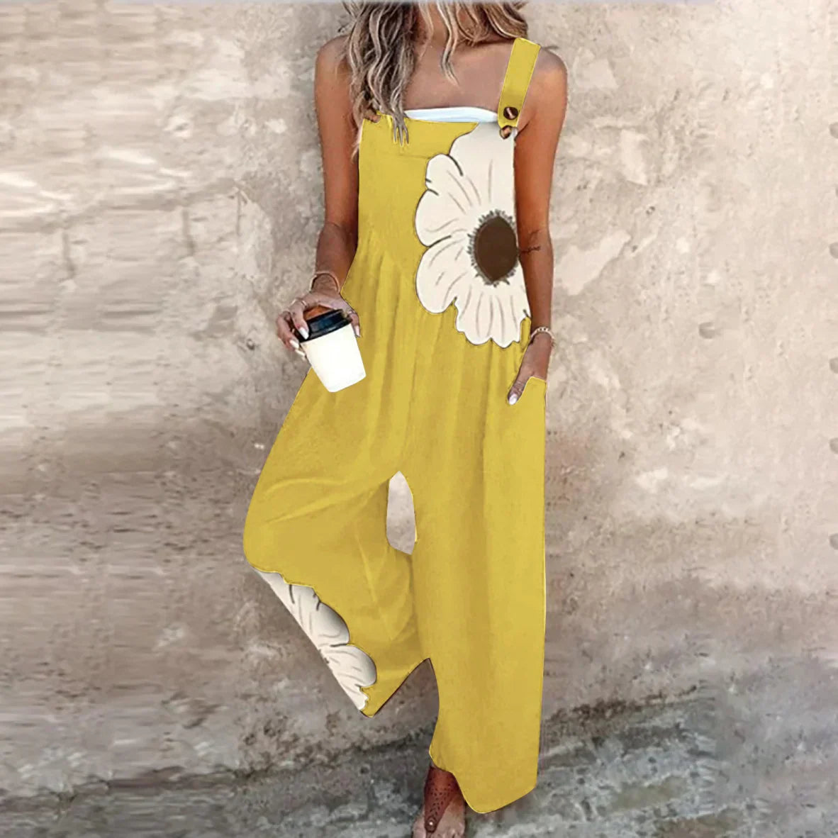 Romilda | Overalls Sort Blomsterprint Vide Ben til Kvinder