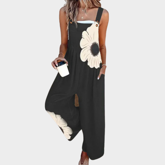 Romilda | Overalls Sort Blomsterprint Vide Ben til Kvinder