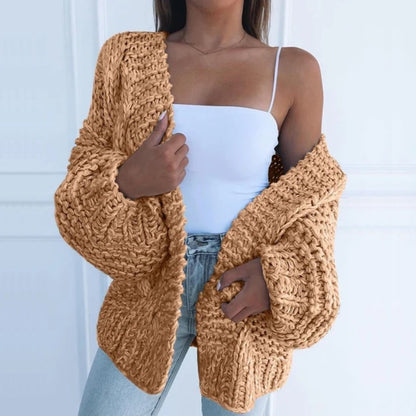 Grete | Oversize Cardigan Sort Grovstrikket Pufærmer til Kvinder
