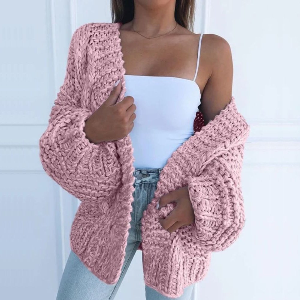 Grete | Oversize Cardigan Sort Grovstrikket Pufærmer til Kvinder