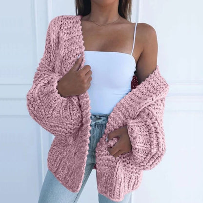Grete | Oversize Cardigan Sort Grovstrikket Pufærmer til Kvinder