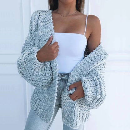 Grete | Oversize Cardigan Sort Grovstrikket Pufærmer til Kvinder