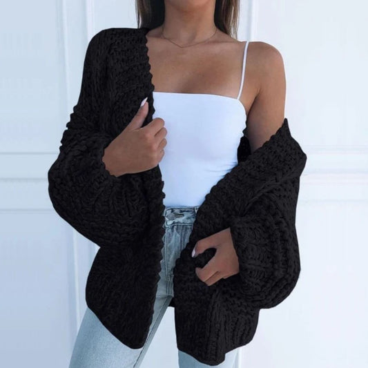Grete | Oversize Cardigan Sort Grovstrikket Pufærmer til Kvinder