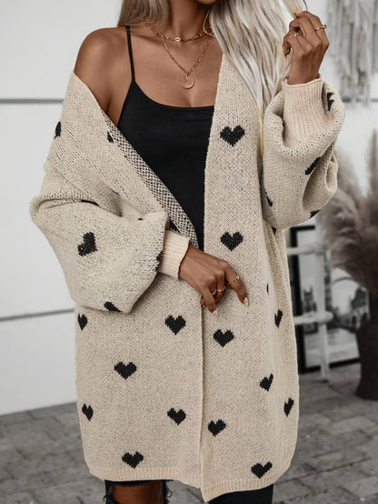 Dorte | Oversized Cardigan Beige Hjertemønster Åben Facon til Kvinder