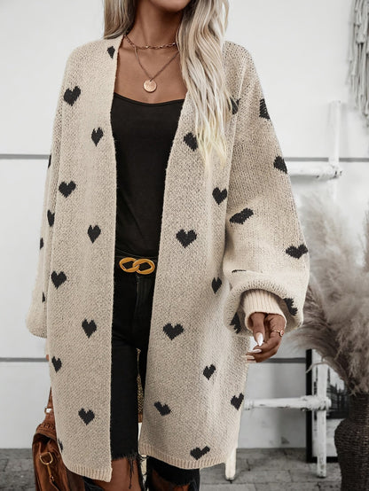 Dorte | Oversized Cardigan Beige Hjertemønster Åben Facon til Kvinder