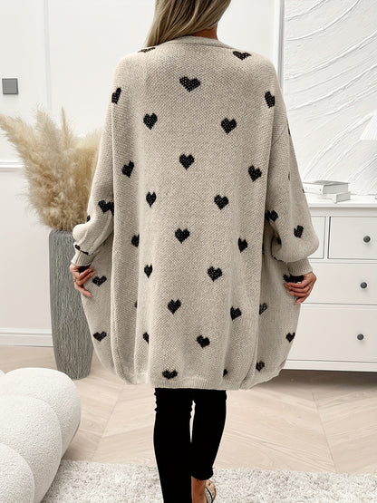 Dorte | Oversized Cardigan Beige Hjertemønster Åben Facon til Kvinder