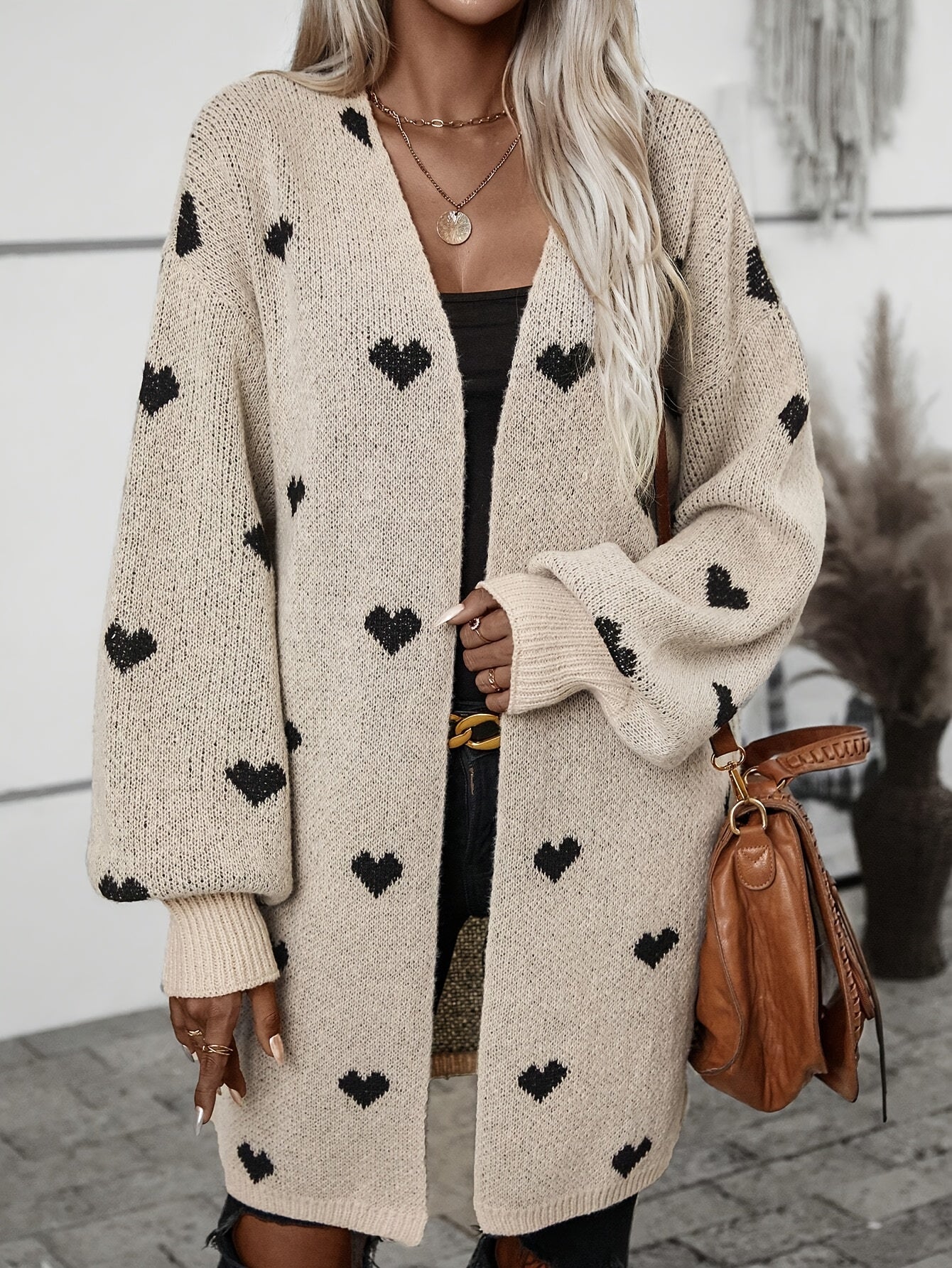 Dorte | Oversized Cardigan Beige Hjertemønster Åben Facon til Kvinder