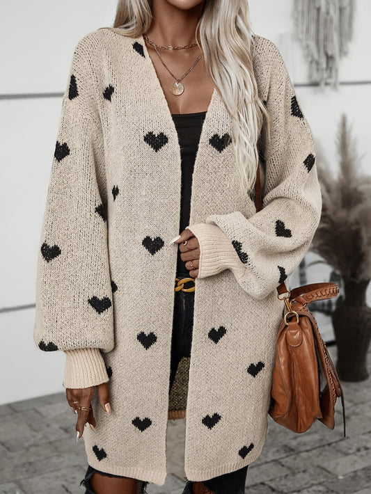 Dorte | Oversized Cardigan Beige Hjertemønster Åben Facon til Kvinder