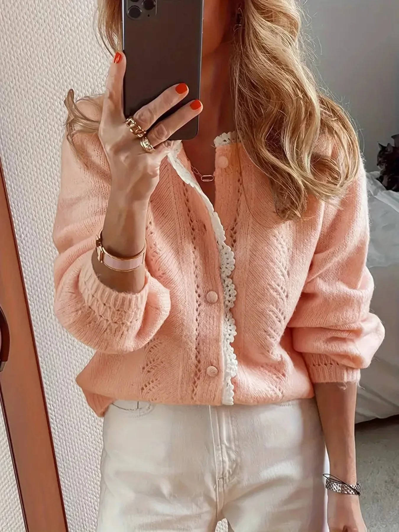 Bente | Cardigan Fersken Strik Hæklekant til Kvinder