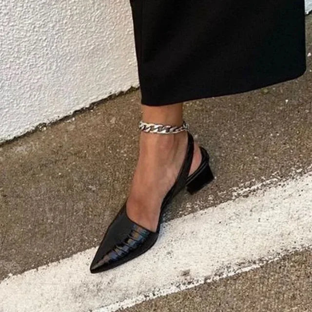Rosa | Slingback Pumps Sort Kroko Læderlook Blokhæl til Kvinder