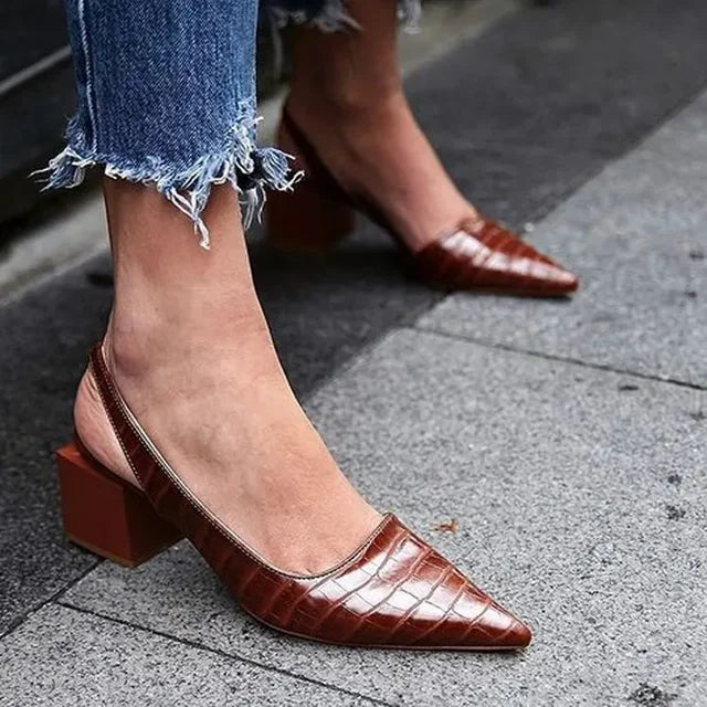 Rosa | Slingback Pumps Sort Kroko Læderlook Blokhæl til Kvinder